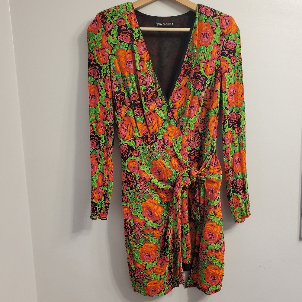 Zara Small Neon Flower Mini Dress Wrap Watercolor Rose Long Sleeve V-neck Flowy